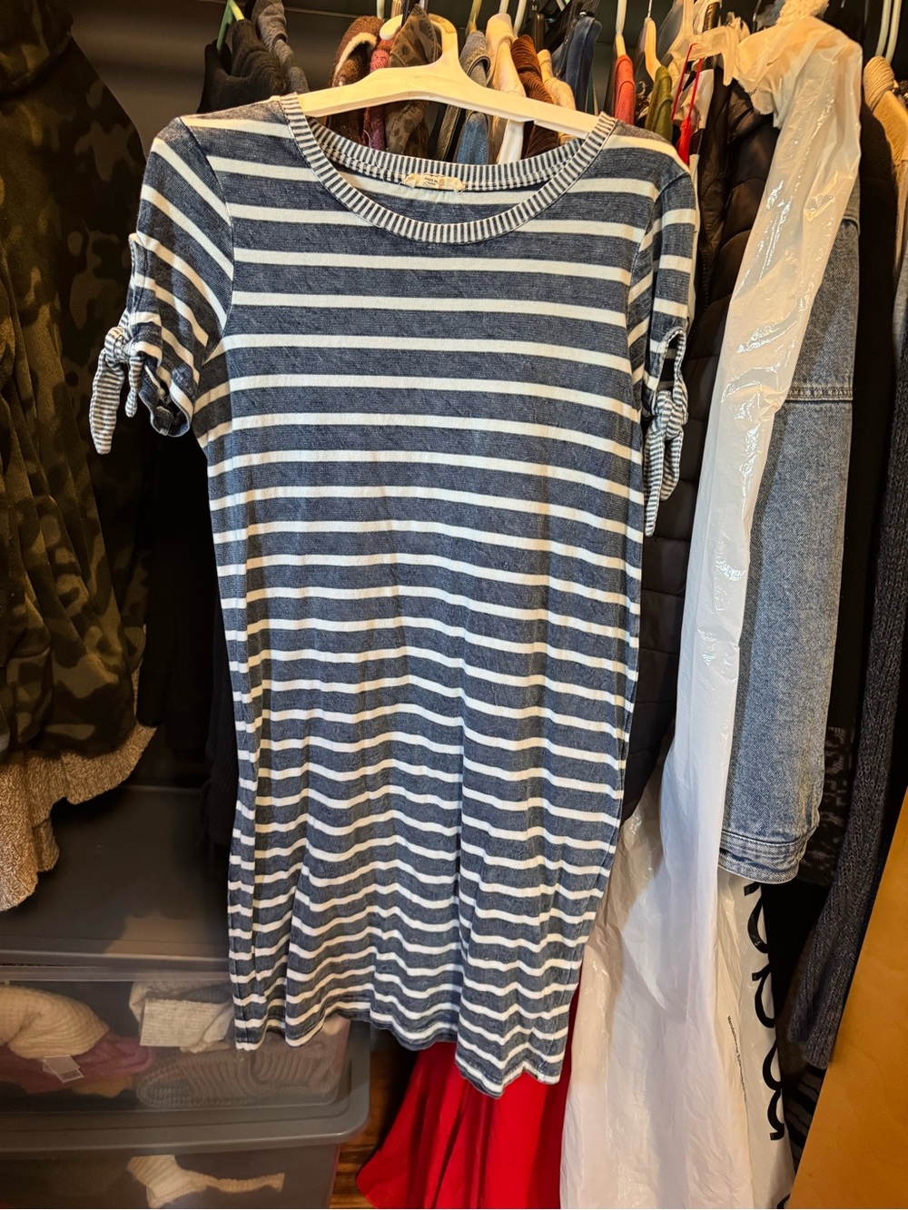 Jane and Delancey Navy and White Striped Midi Dress with Tie Sleeves